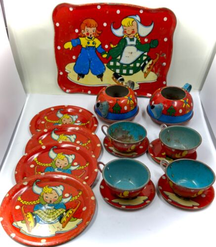 Vintage Tin Childs Tea Set, Ohio Art #150, Dutch Winter, 15 Pieces, 2 Kettles - Picture 1 of 8