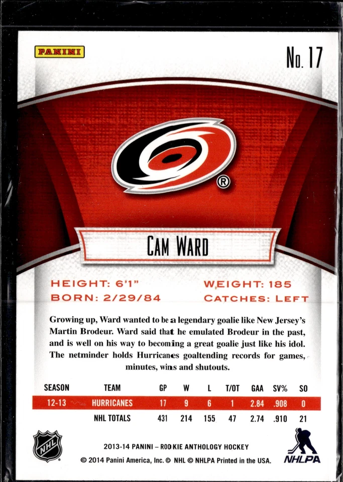 2013-14 Panini Rookie Anthology #17 Cam Ward - Image 2 of 2