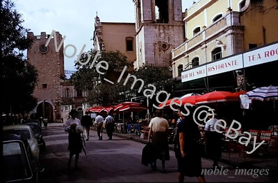 1962 Piazza IX Aprile Street Scene People Café Taormina Sicily Kodachrome Slide