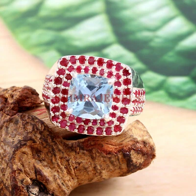 Natürlich Blauer Topas & Rubin Edelstein Mit 925 Sterlingsilber Ring für Männer - Bild 1 von 4