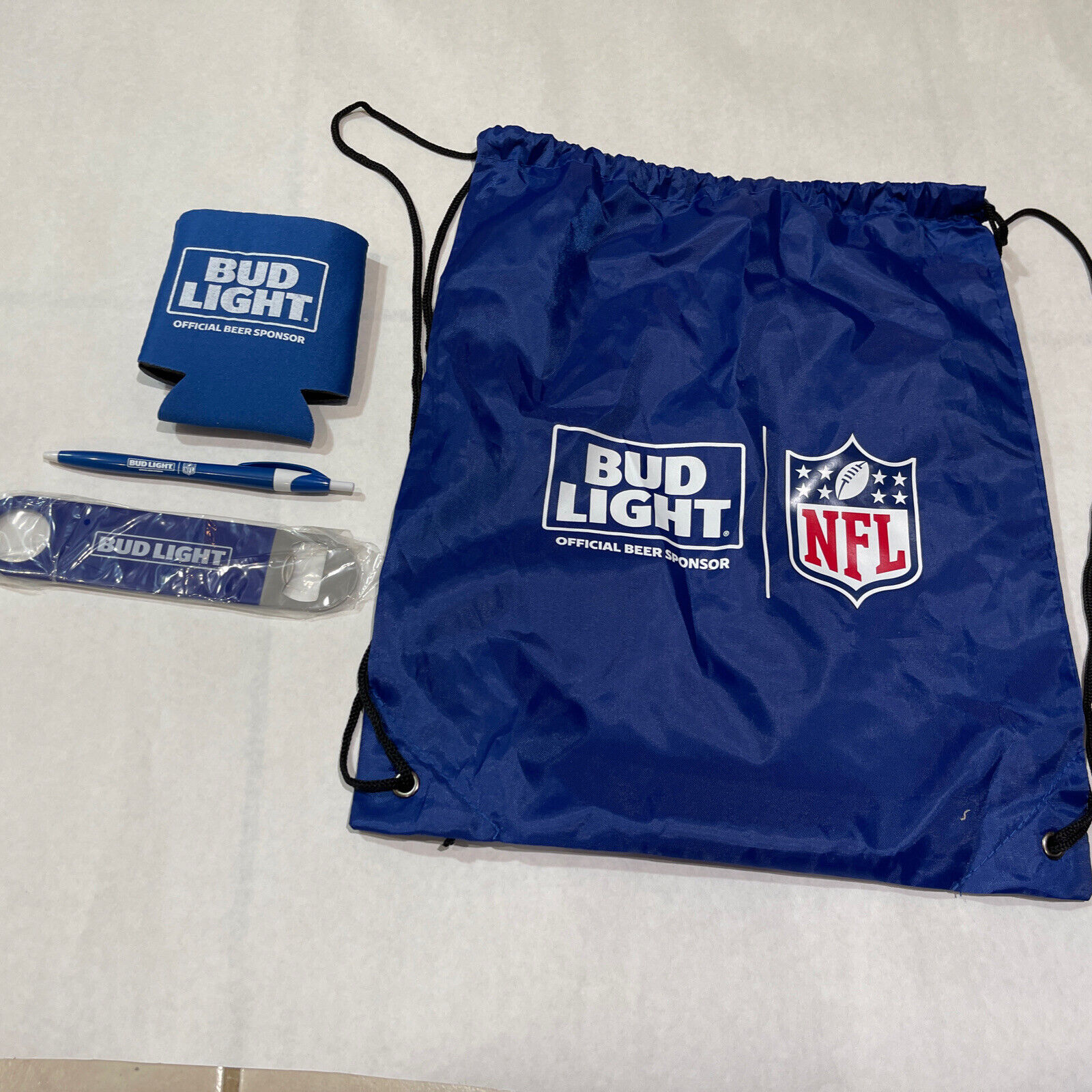 Bud Light NFL String Drawstring Backpack, 7" Church key, Koozie & Pen Promo LOT