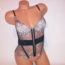 Victoria Secret Lingerie Bustier Corset 36D Black Beige Embroidered Lace Up Back