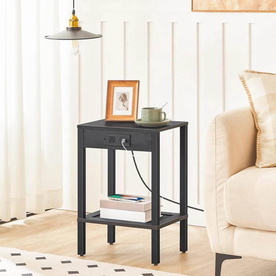 HOOBRO Side Table with Charging Station Set of 2 End Tables Nightstand Black - Image 4 of 4