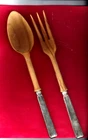 TOWLE OLD LACE STERLING SILVER HANDLES  WOOD 2-PIECE SALAD SERVER SET  11" LONG