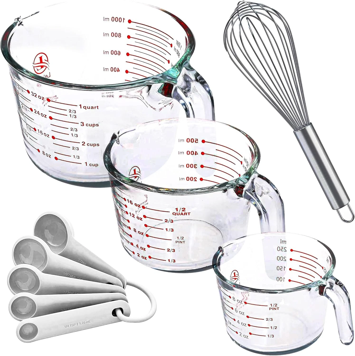 Set of 3 Glass Measuring Cups W/ Measuring Spoons & Whisk Kitchen Mixing Bowl