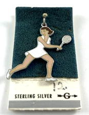 Tennis Player (Women) | Gilbert | Sterling Silver & Enamel | 1" | Vintage | NOS
