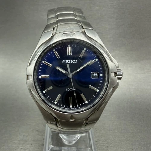 Seiko Watch Men 38mm Blue Dial Silver Tone Date Round 7N42-7C00 New Battery