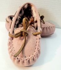 Girls Moccasin Slippers Pink Suede Faux Fur Cheeta Lined SZ 7-8 Great Shape