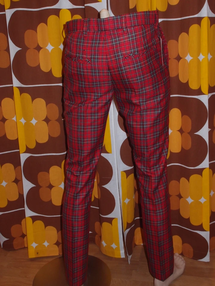 Nouveau Pantalon Tartan Rouge Slim Classique Style Beatnik Vintage Des Années 60 - Photo 2/3
