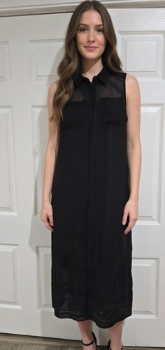 Barneys New York Sheer Black Button Down Sleeveless Midi Dress Sz L