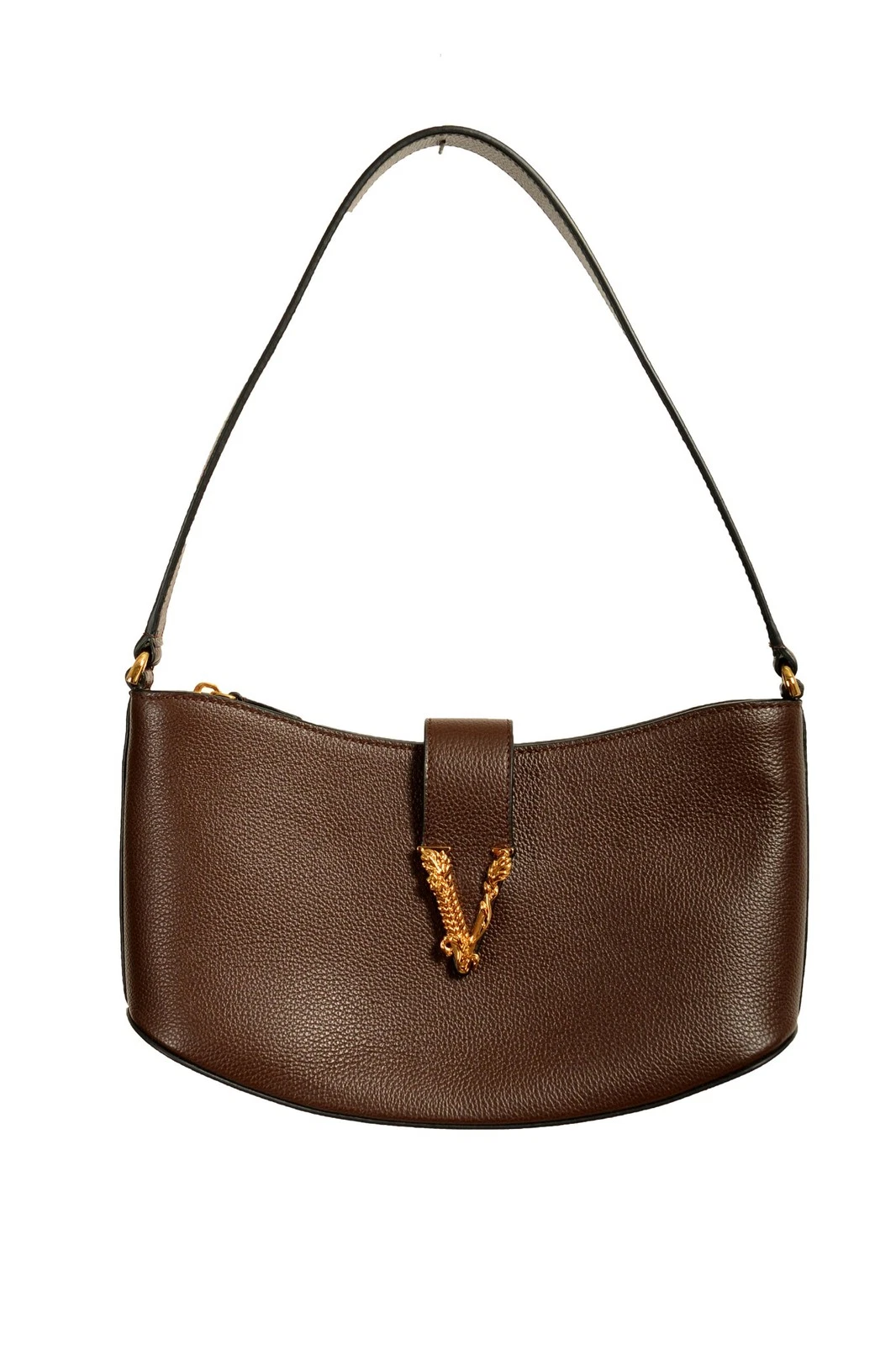 Versace — Versace Dark Brown Grained Leather Gold V-Logo Small Handbag Shoulder Bag
