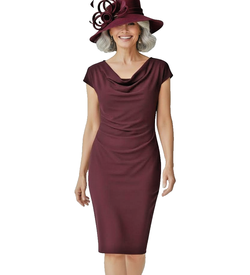 New Jacques Vert Medium Weight Maroon Crepe Dress Cowl Neck UK16 RRP £129 NO HAT