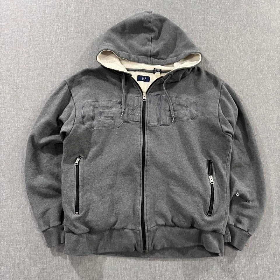 Vintage Y2K GAP Thermal Lined Hoodie Full Zip Skater Spell Out Gray Mens Medium