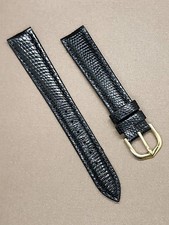 Vintage NOS 16mm Black Padded  Stitched Genuine Lizard Watch Band-Yellow Buckle