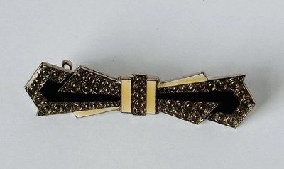 Vintage Pierre Bex Style Brooch Art Deco Gold Black Enamel Rhinestone Bow Pin 2 