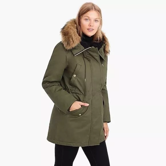 J CREW Womens Olive Green Perfect Winter Parka Hooded Primaloft H2222 Sz XS  | eBay