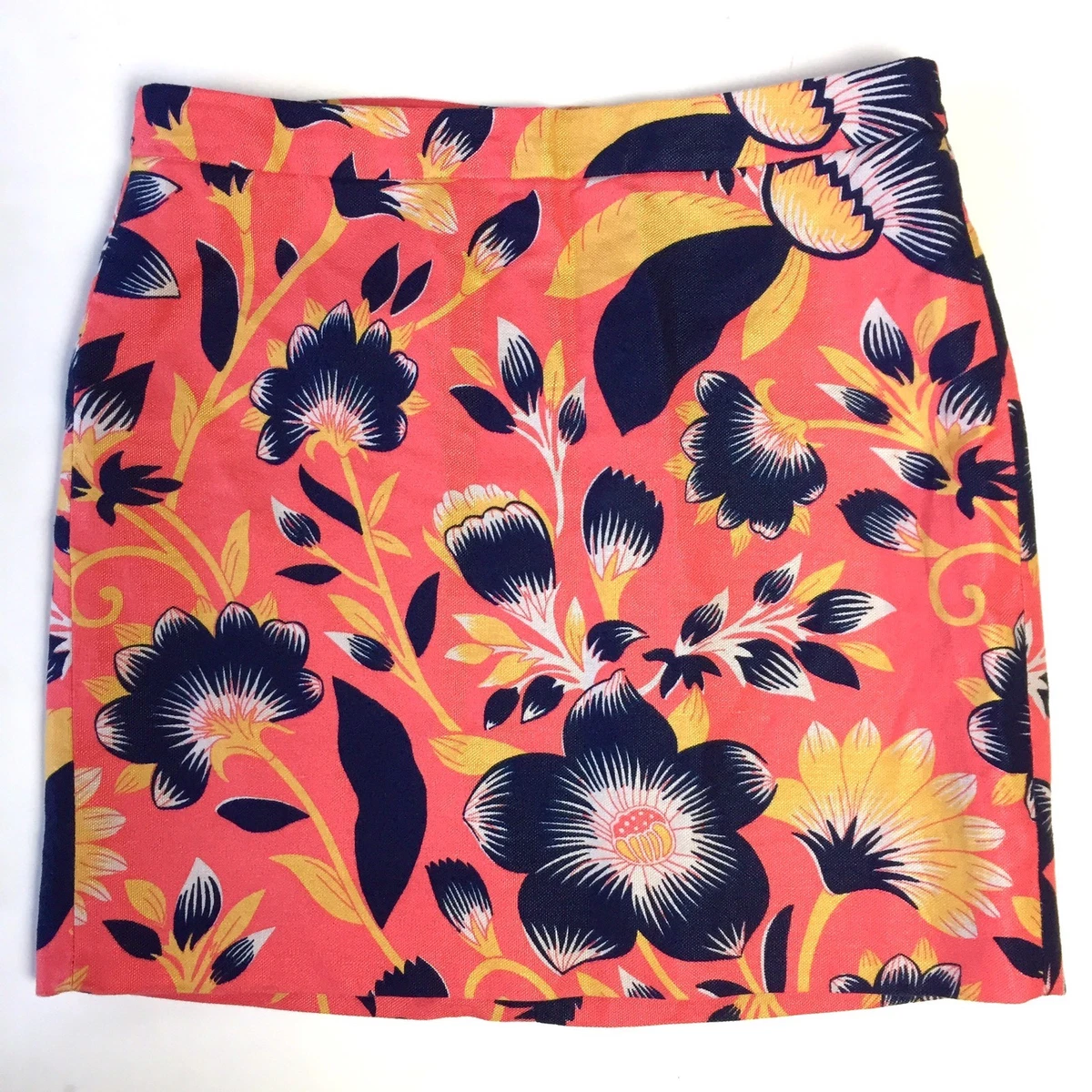 J. Crew Postage Stamp A-Line Mini Skirt Hibiscus Floral Neon Orange Navy Size 2
