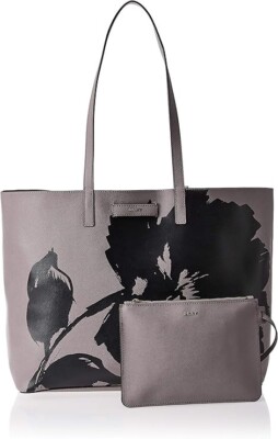 DKNY Large Reversible Tote Bag Gray w/Black Flower Motif w/Pouch Vegan Leather