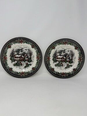 2 NEW Royal Stafford Christmas Village Salad 8.5  Plates holiday made in england