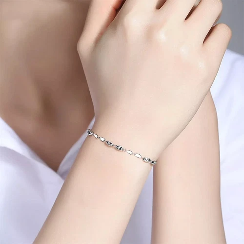 Pure Platinum 950 Chain Women Laser Beads Slice Link Bracelet 2.8-3g/6.3inch - Picture 6 of 8