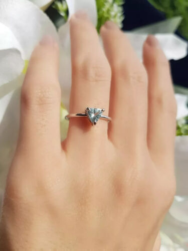 2Ct Trillion Cut Lab Created Aquamarine Diamond Women Ring 14K White Gold Finish - Picture 2 of 13
