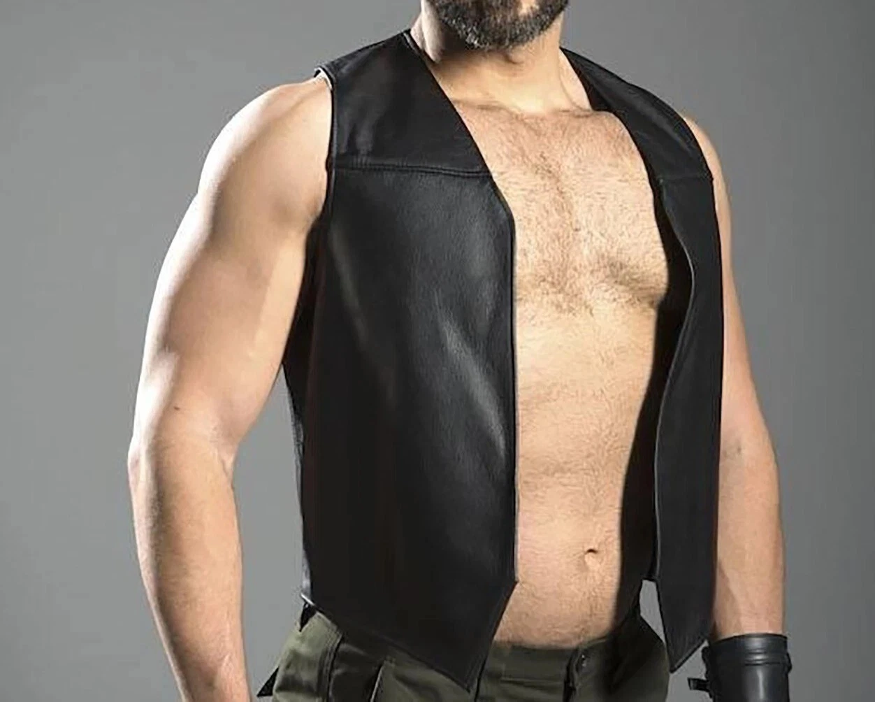 MEN' GENUINE LEATHER BARTENDER VEST FRONT OPEN VEST BIKER LEATHER WAISTCOAT