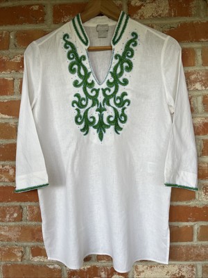 Chico s 0 Sz 4/6 White Linen Blend Tunic Top Embroidered Beaded Beach Vacay WOW!