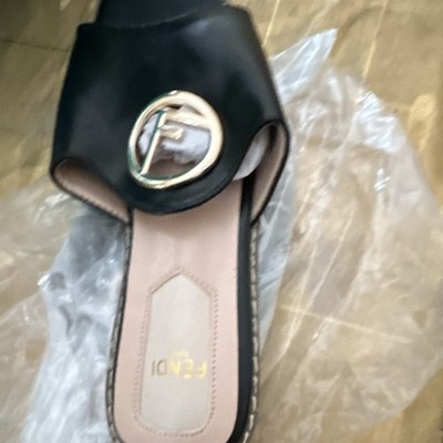 Fendi Women's Slide Sandals Black Logo Accents Slip On Flat Casual