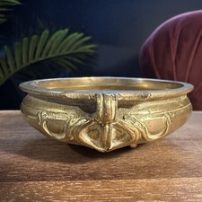 Vintage Indian Brass Puja Offering Bowl Footed Twin Handle Ritual Dish c1960s