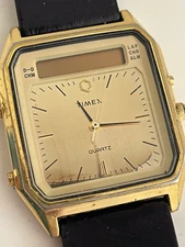 Vtg Men's Watch TIMEX V CELL Analog Digital Quartz Alarm Repair/parts leather