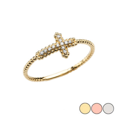 Sideways Cross Diamond Beaded Dainty Ring In Gold (Yellow/Rose/White)