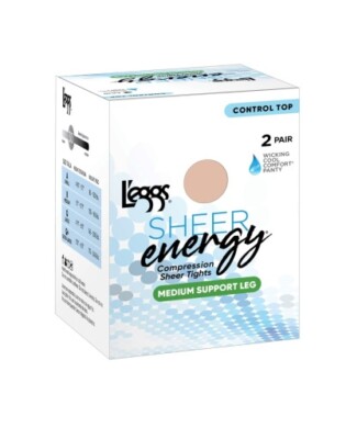 Leggs Sheer Energy Control Top Pantyhose Satin Gloss Medium Support 2 Pairs