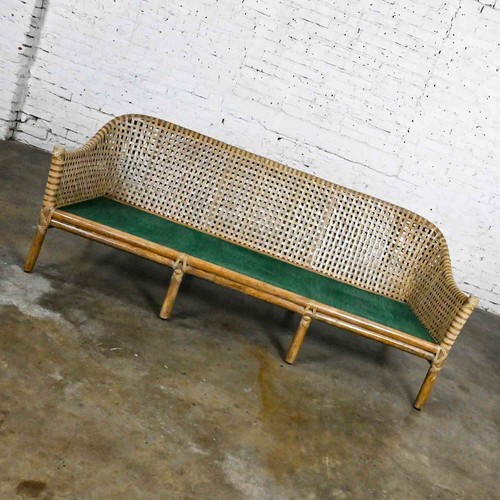 Late 20th Modern McGuire Rattan Woven Rawhide Green Chenille Cushion Sofa Settee - Picture 5 of 20