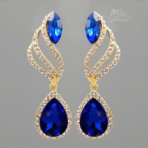 Boucles d'oreilles lustre larme pour femmes plaqué or cristal bleu strass 27 - Photo 1 sur 4