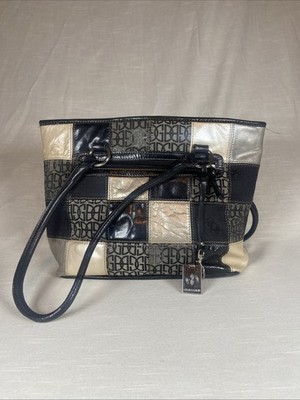 Giani Bernini Patchwork Shoulder Bag Monogram Purse Brown Cream Black