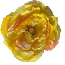 Large 6  Yellow Hair Flower Clip with Pink Pearl and Rhinestone Center Hair Bow