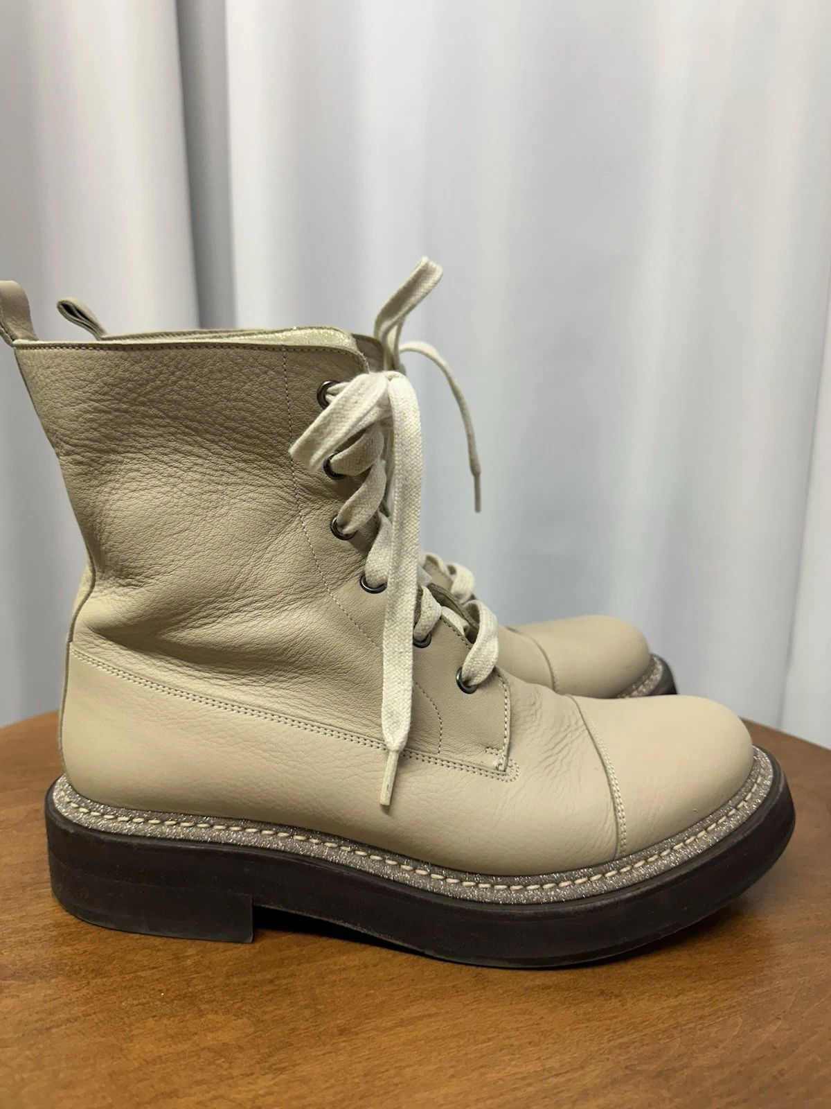 Brunello Cucinelli — Brunello cucinelli women’s Leather Combat Boots Silver Ivory Off White  Size 38
