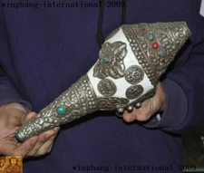 Old Tibet Silver inlay Turquoise Eight treasure symbols Conch Trumpet Horn Shell