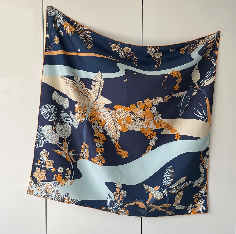 Pure 14 Momme Twill Silk Wrap Scarf Bandanna Jungle Print Square Shawl 35"