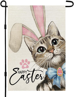 Happy Easter Cat Garden Flag 12X18 Inch Double Sided for outside Small Burlap Ra