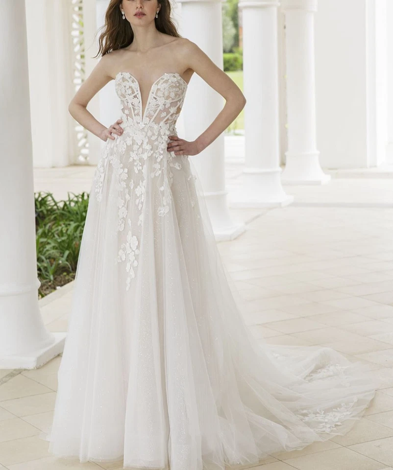 Luftiges Illusion Spitze Hochzeitskleid 32-60 Maßgeschneidert Glitzer Puffärmel - Bild 2 von 4