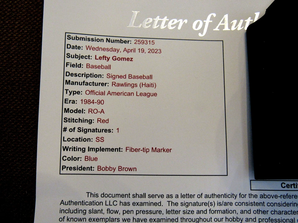 LEFTY GOMEZ 5 X WSC NY YANKEES HOF SIGNED AUTO VINTAGE OAL BASEBALL JSA LOA - Image 3 of 4