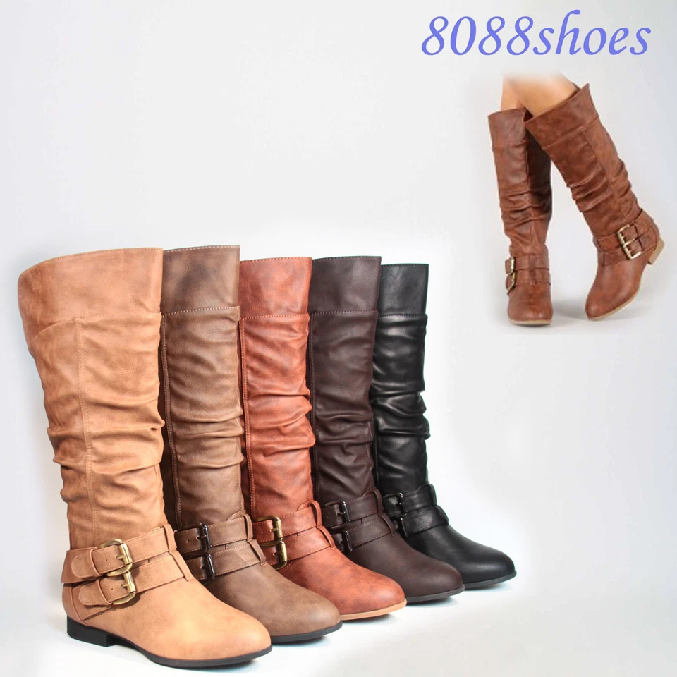 Women's Fashion Low Flat Heel Mid-Calf Knee High Riding Boot Shoes Size 5 -11 - Image 3 of 4