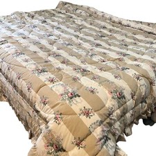 Vintage Laura Ashley Isabelle Queen Comforter Floral Striped Ruffle Tan White