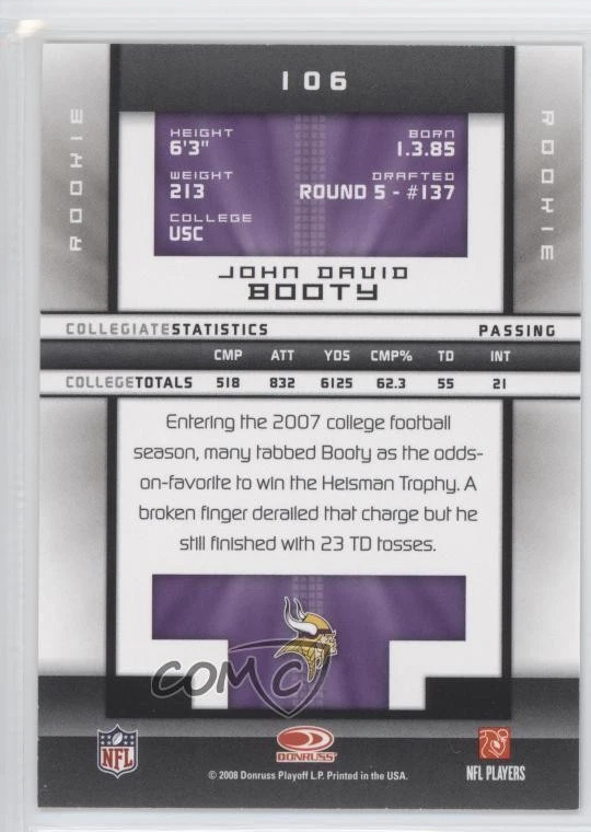 2008 Donruss Elite Rookie /999 John David Booty #106 Rookie RC - Image 2 of 2