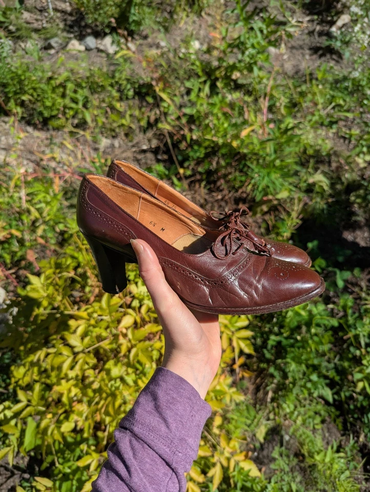 Pappagallo 皮革一脚蹬高跟鞋女式 6N 复古西班牙制造棕色方跟 — 第 3/4 张图片