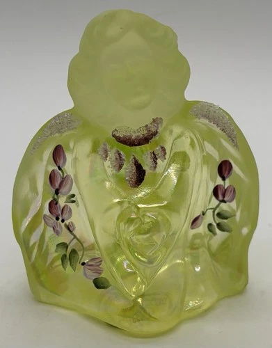 Fenton Angel Art Glass Yellow Vaseline Uranium Hand Painted Figurine Signed