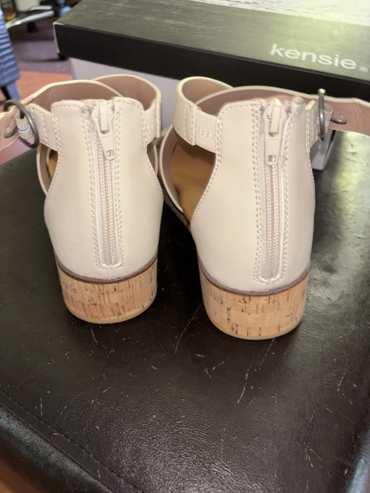 Mujer Talla 10 Marfil Sandalias Zapatos Corcho Cuña Punta Abierta Tobillo Correa Cruzada Cremallera Tacón Foto 4 de 4