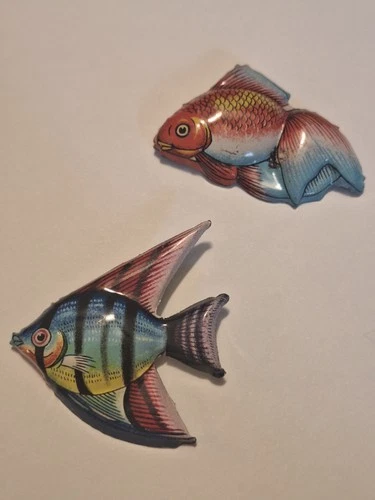 Lot of 2 Vintage 1960s Signed Japan Tin Litho Colorful Fish Pins Brooches