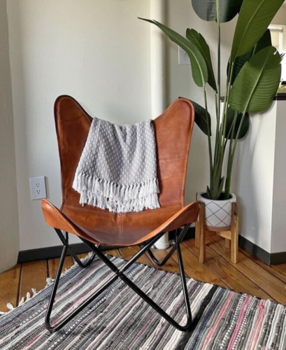 Living Room Dark Tan Brown Leather Butterfly Chair Armchair With Stand